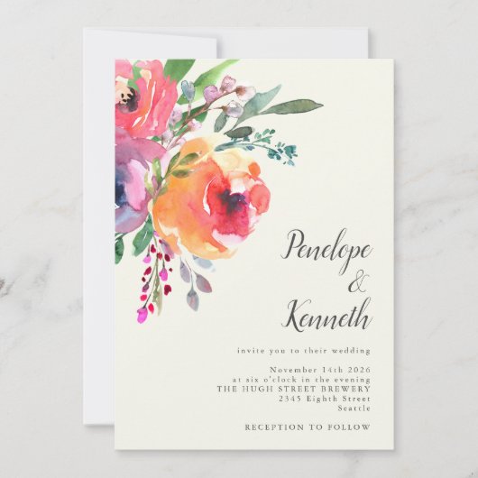 Invitation Fleurs aquarelles Moderne Élégant Mariage Script (Devant)