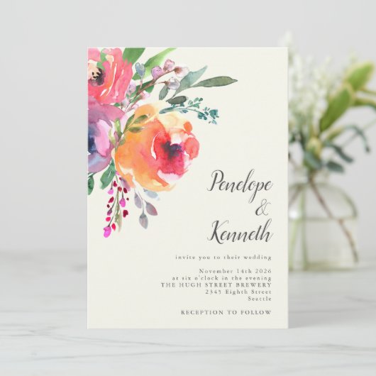 Invitation Fleurs aquarelles Moderne Élégant Mariage Script (Debout devant)