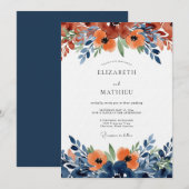 Invitation Fleurs aquarelles orange brûlé pour mariage (Devant / Derrière)