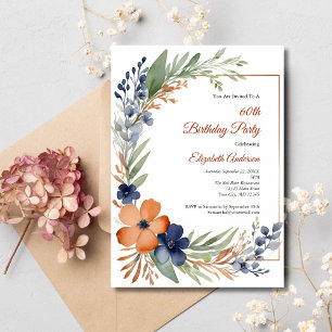 Invitation Fleurs aquarelles orange rouille bleu 60e annivers