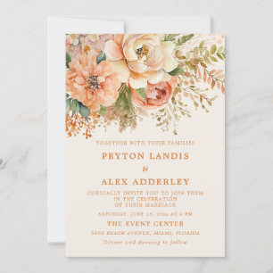 Invitation Fleurs aquarelles pêche crème de sage vert mariage