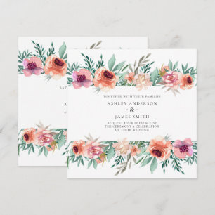 Invitation Fleurs aquarelles pêche et rose mariage moderne