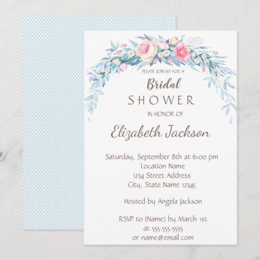Invitation Fleurs aquarelles points polka douche de mariée (Devant / Derrière)