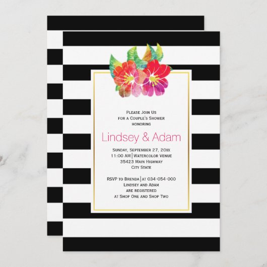Invitation Fleurs aquarelles, rayures mariage couples douche (Devant / Derrière)