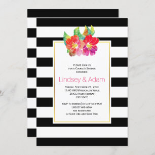 Invitation Fleurs aquarelles, rayures mariage couples douche