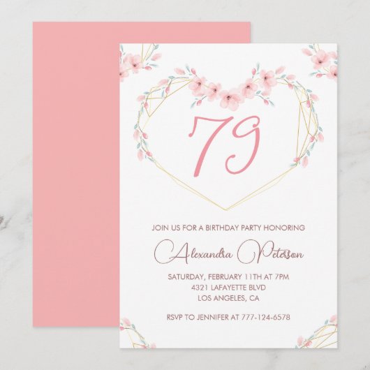 Invitation Fleurs aquarelles rose boho 79e anniversaire (Devant / Derrière)