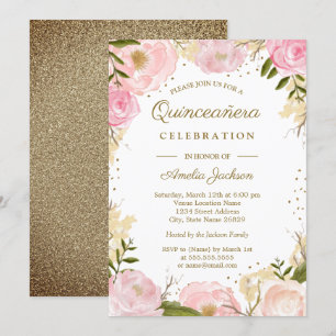 Invitation Fleurs aquarelles rose doré pour Quinceanera