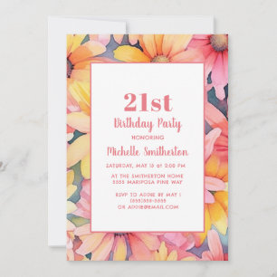 Invitation Fleurs aquarelles rose jaune orange 21e anniversai