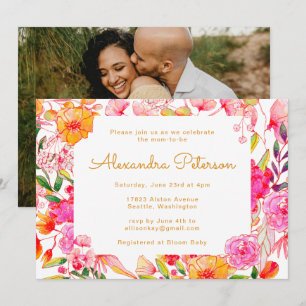 Invitation Fleurs Aquarelles Rose Orange Bébé Photo Fête Prén