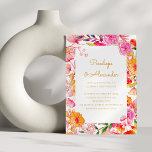 Invitation Fleurs aquarelles rose orange écriture chic mariag<br><div class="desc">Invitation de mariage verticale personnalisée avec fleurs aquarelles rose et orange et typographie script</div>