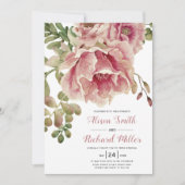 Invitation Fleurs aquarelles rose poussiéreuse, typographie m (Devant)