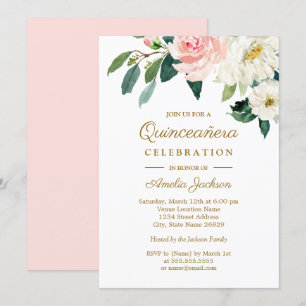 Invitation Fleurs aquarelles rose Quinceanera