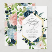Invitation Fleurs aquarelles roses bleues pour 90e anniversai (Devant / Derrière)