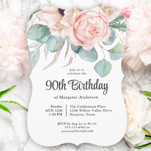 Invitation Fleurs aquarelles roses et beige pour les 90 ans