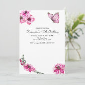 Invitation Fleurs aquarelles roses et papillon Joyeux Anniver (Debout devant)