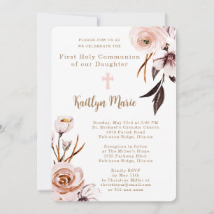 Invitation Fleurs aquarelles roses Première communion fille