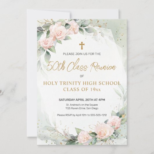 Invitation Fleurs aquarelles roses Réunion de classe religieu (Devant)