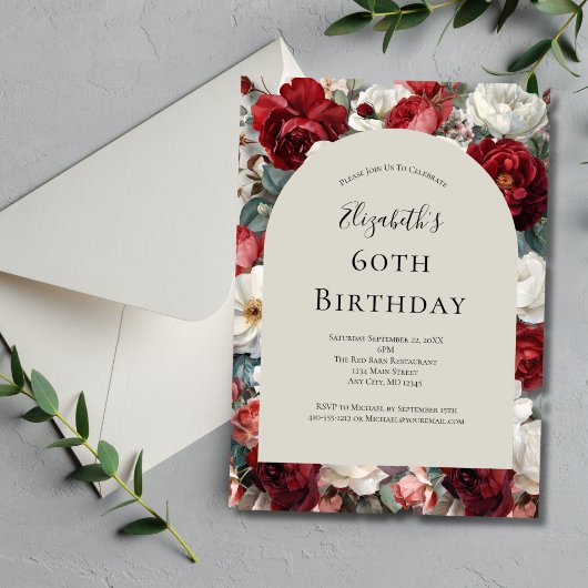 Invitation Fleurs aquarelles rouges et blanches 60e anniversa