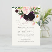 Invitation Fleurs aquarelles rustiques Bourgogne et rose (Debout devant)
