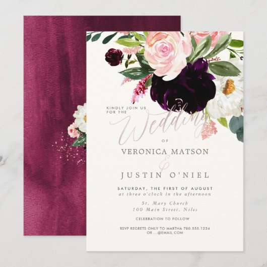 Invitation Fleurs aquarelles rustiques Bourgogne et rose (Devant / Derrière)