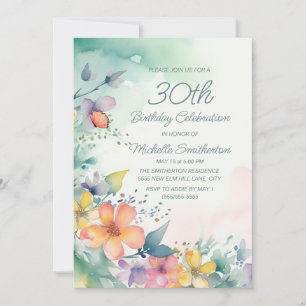 Invitation Fleurs aquarelles sarcelle rose jaune 30e annivers