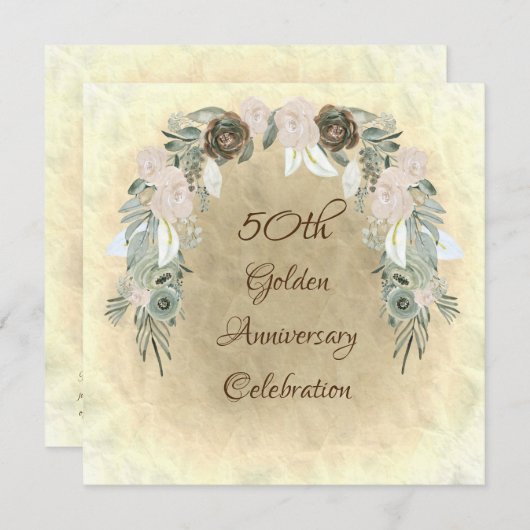 Invitation Fleurs aquarelles vert sauge et noces d'or (Devant / Derrière)