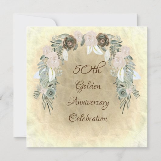 Invitation Fleurs aquarelles vert sauge et noces d'or (Devant)