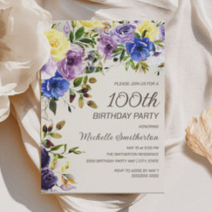 Invitation Fleurs aquarelles violettes jaunes 100e anniversai