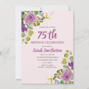 Invitation Fleurs aquarelles violettes Vignes vertes 75e anni