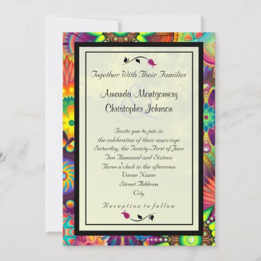 Invitation Fleurs Art Déco multicolores Mariage Abstrait (Devant)