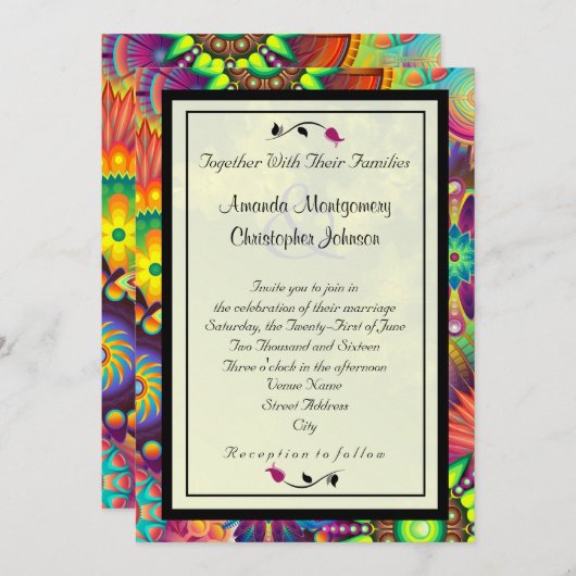 Invitation Fleurs Art Déco multicolores Mariage Abstrait (Devant / Derrière)