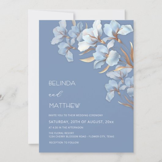 Invitation Fleurs Artistiques Or Bleu (Devant)