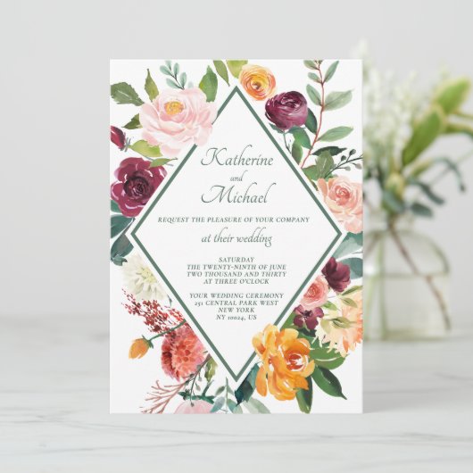 Invitation Fleurs Automatiques Rustiques Mariage Vert Sage (Debout devant)