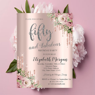 Invitation Fleurs avec Gouttes de Paillettes Or Rose 50e Anni