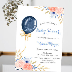 Invitation Fleurs Ballon Bleu, Points Fête Prénatale