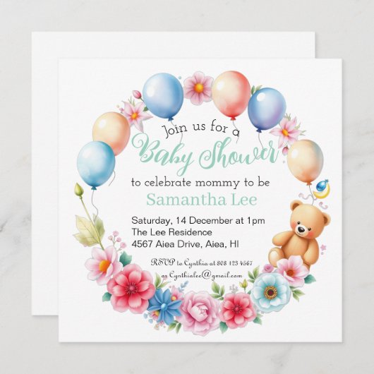 Invitation Fleurs, ballons, baby shower ours en peluche (Devant / Derrière)