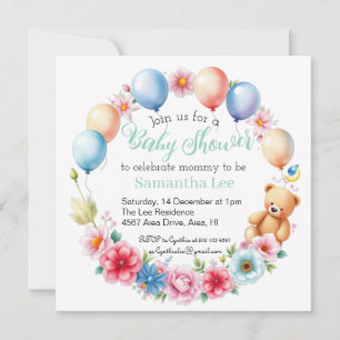 Invitation Fleurs, ballons, baby shower ours en peluche