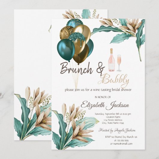 Invitation Fleurs Ballons Brunch & Fête des mariées Bubbly (Devant / Derrière)