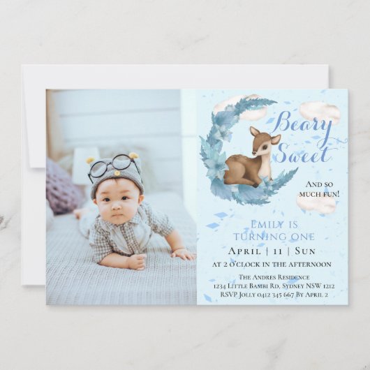 Invitation Fleurs Bambi Brown Mignonnes Nuages 1er anniversai (Devant)