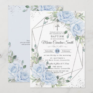 Invitation Fleurs Bébé Bleu Argent Baptême Christening