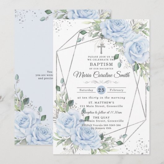 Invitation Fleurs Bébé Bleu Argent Baptême Christening (Devant / Derrière)
