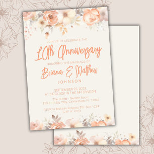 Invitation Fleurs beige ivoire pêche 10e anniversaire de mari