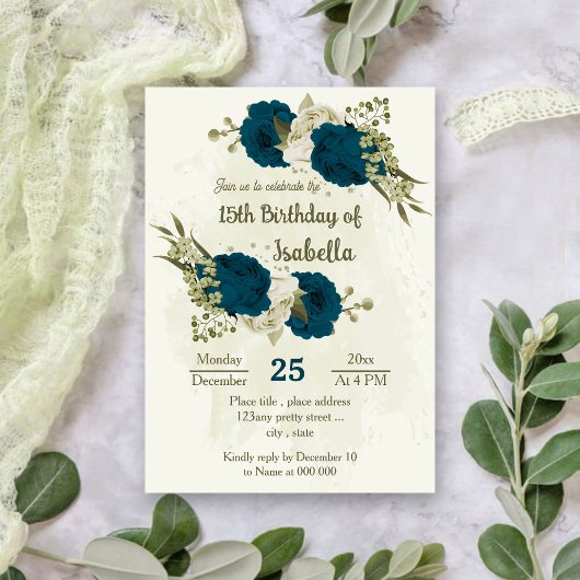 Invitation Fleurs beiges bleues turquoises anniversaire botan