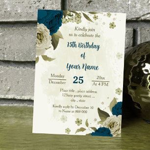Invitation Fleurs beiges bleues turquoises anniversaire botan