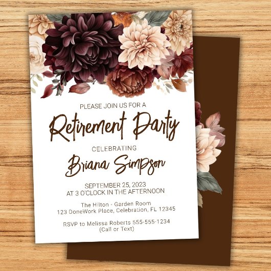 Invitation Fleurs beiges Brown Fête de retraite Florale
