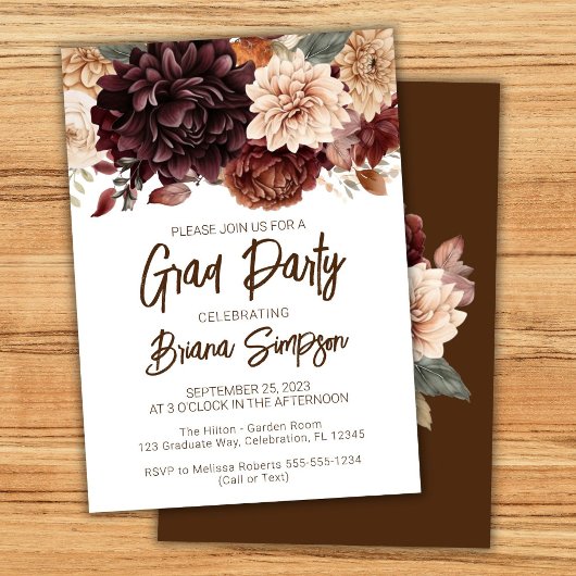 Invitation Fleurs beiges Brown Floral Graduation Party