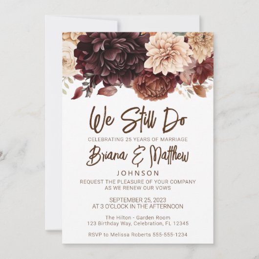 Invitation Fleurs beiges Brown Floral Mariage Vow Renouvellem (Devant)