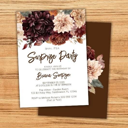 Invitation Fleurs beiges Brown Surprise Anniversaire