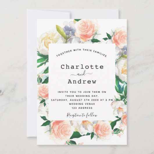 Invitation Fleurs blanc rose or rose mariage (Devant)