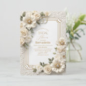 Invitation Fleurs blanches 3D aquarelle or Baby Shower de m (Debout devant)